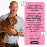 Load image into Gallery viewer, Text: &quot;Pet parents know puppies explore the world with the help of their teeth! To assist their ongoing adventures, we’ve formulated ZamiPet Dental Sticks Puppy to prevent the build-up of plaque for healthy gums &amp; teeth, plus support healthy growth &amp; development with Omega-3 &amp; Calcium.&quot; Dr Andrew McKay, Head Vet at ZamiPet. Image: Dr Andrew McKay holding a cavoodle dog.
