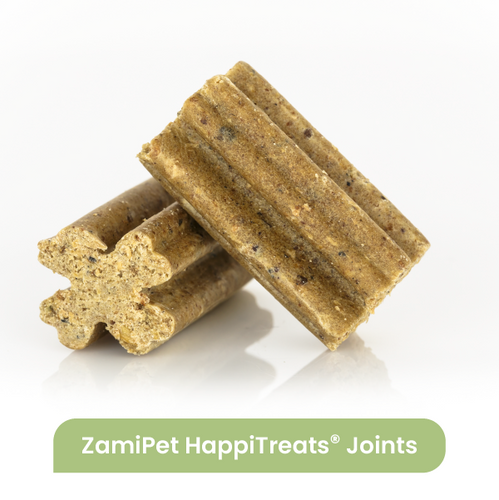 Image of two clover-shaped ZamiPet HappiTreats® Joints stacked on top of each other. 