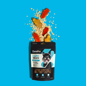 A front view of a pack of ZamiPet HappiTreats Digestion with rolled oats, and cross sections of fresh turmeric and fresh ginger coming out of the top of the pack (key ingredients in the product), over a light blue background