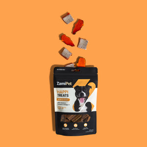 A front view of a pack of ZamiPet HappiTreats Skin & Coat with small pieces of salmon and cross sections fresh turmeric coming out of the top of the pack (key ingredients in the product), over an orange background