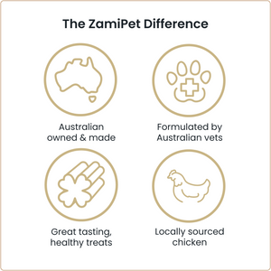 The ZamiPet Difference: Australian made & owned, Formulated by Australian Vets, Great tasting healthy treats, made with locally sourced chicken.